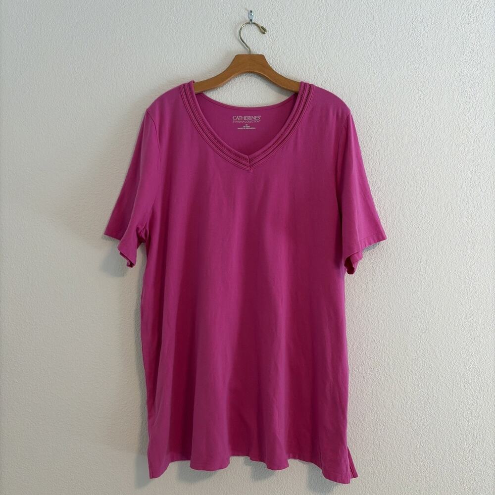 NEW Catherines Suprema 1X Pink V Neck Crochet Trim Short Sleeve Top Plus size
